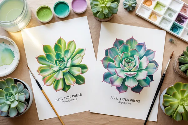 Comparação entre Apel Hot Press ou Cold Press para suculentas realistas na aquarela botânica.