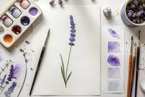 Materiais e melhores tintas para lavanda realista na aquarela botânica.