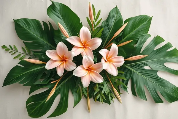 composição de arranjos botânicos tropicais equilibrando flores e folhas para aquarela botânica realista