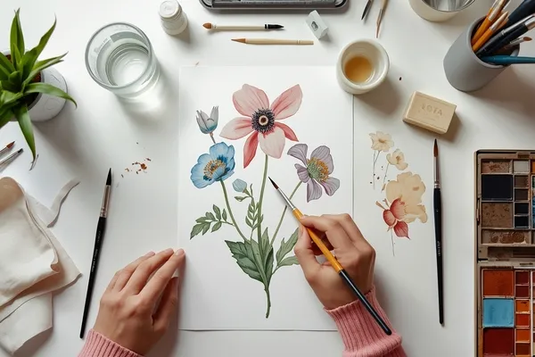 Cena realista mostrando como conservar pincéis na aquarela botânica ao limpar e secar ferramentas usadas para flores silvestres.