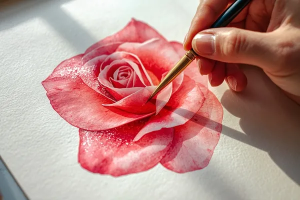 Artista aplicando camadas transparentes em pétalas de rosas na aquarela botânica com detalhes realistas.