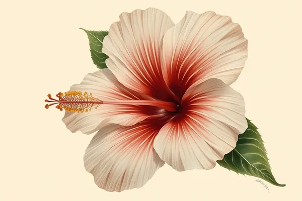 Hibisco em aquarela botânica com foco na textura das pétalas e pistilo proeminente