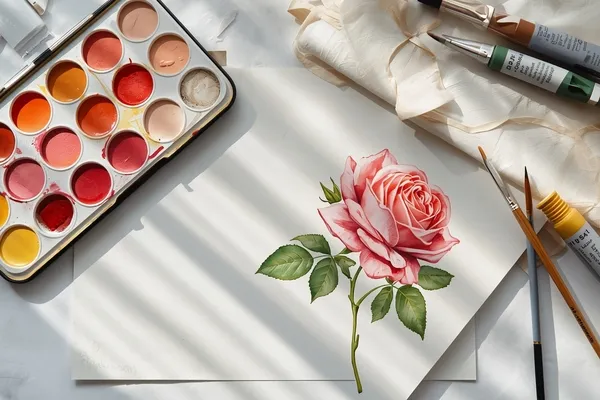 Kit essencial de aquarela para rosas realistas com materiais profissionais para pintura botânica.