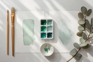Materiais de aquarela mostrando o papel ideal para folhas de eucalipto na aquarela botânica.
