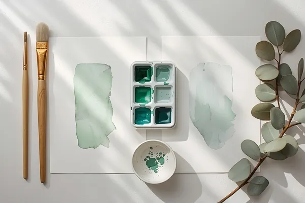 Materiais de aquarela mostrando o papel ideal para folhas de eucalipto na aquarela botânica.