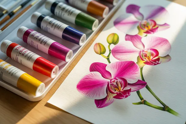 Materiais e tintas profissionais para orquídeas na aquarela botânica realista.