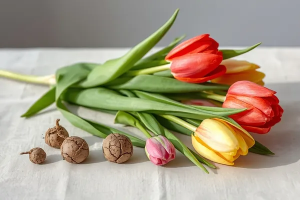 Estudo botânico realista de tulipas holandesas em aquarela botânica, mostrando bulbo, folhas e flor com cores vibrantes e formas naturais