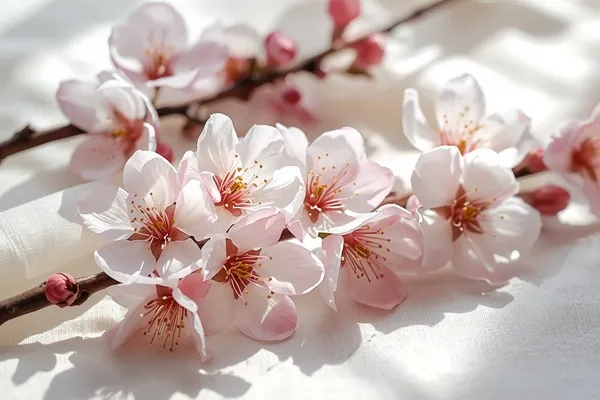 Flores de cerejeira em aquarela representadas por fotografia botânica realista com pétalas suaves e tons delicados de primaver