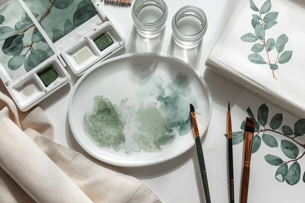 Materiais organizados mostrando como limpar materiais aquarela eucalipto com paleta, pincéis e referências botânicas.