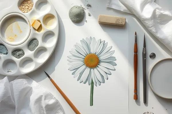ferramentas para margaridas na aquarela dispostas ao redor de uma pintura botânica realista em andamento.