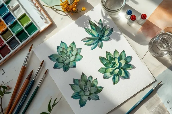 Técnica molhado sobre seco em suculentas realistas pintadas em aquarela botânica.