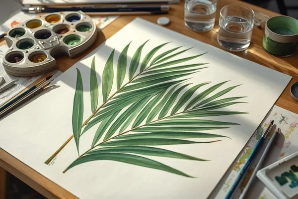 pintura em aquarela botânica de folhas de palmeiras realistas, com detalhes precisos e iluminação suave, mostrando técnicas de pintura e ferramentas de aquarela em um ambiente artístico profissional.