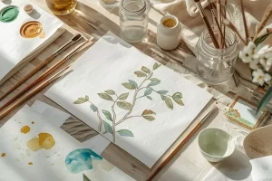 erros materiais na aquarela botânica em mesa de trabalho com papel, pincéis e tintas profissionais organizados para pintura botânica realista
