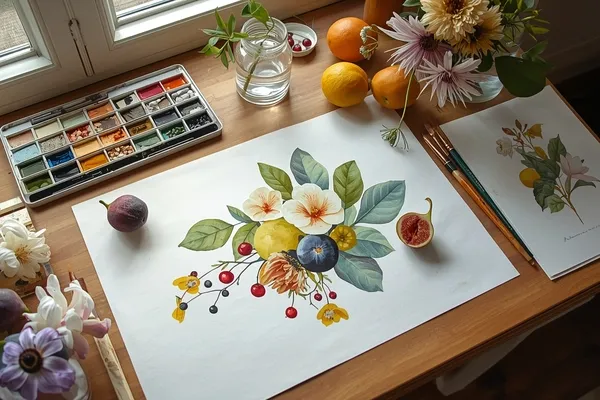 frutos botânicos em aquarela realista integrados com flores botânicas detalhadas e textura natural