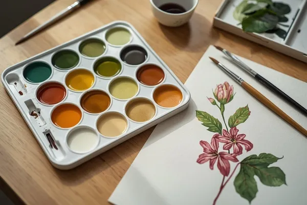 Paleta de mistura aquarela botânica em porcelana com cores limpas e diluídas para pintura botânica realista