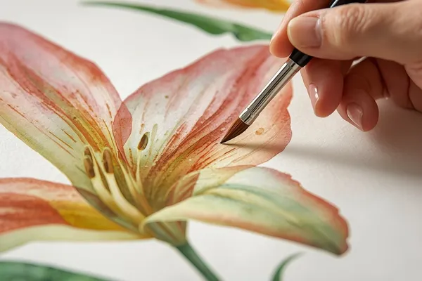 ritmo de pinceladas na aquarela botânica aplicado em pétalas de flores, mostrando movimento natural e direcionamento do olhar com camadas suaves de aquarela botânica realista