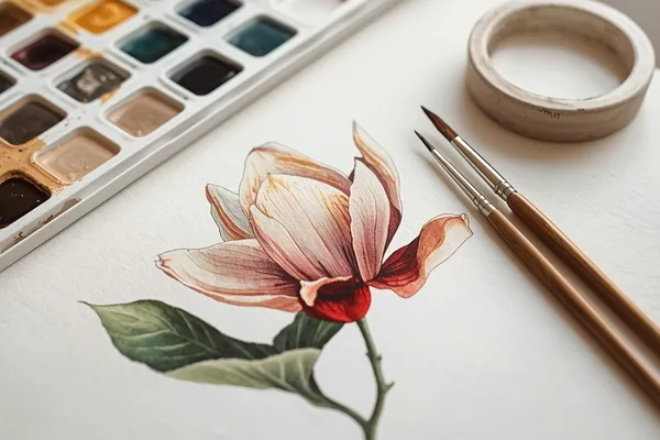 Ajustes finais na aquarela botânica com microdetalhes sutis para reforçar profundidade sem sobrecarregar a pintura