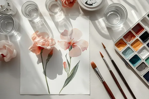 Controle da água na aquarela botânica com recipientes, pincéis e flores realistas em processo de pintura