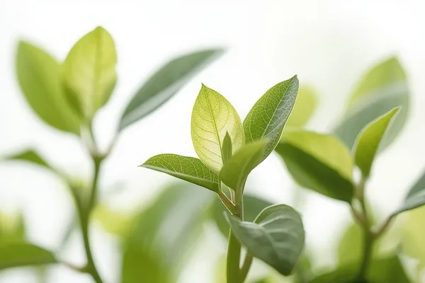 folhas jovens na aquarela botânica com transparência natural, tons claros e sensação de frescor observados sob luz suave