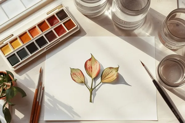 materiais de aquarela para iniciantes organizados para pintura botânica realista com papel, pincéis e paleta