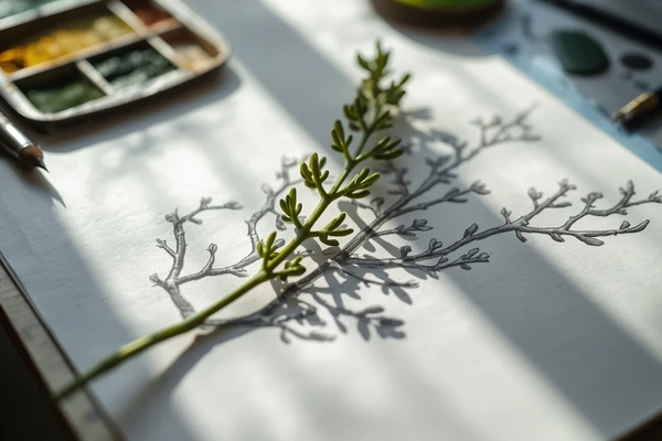 Artista realizando análise de profundidade em ramos e sobreposições botânicas para esboço de aquarela realista.