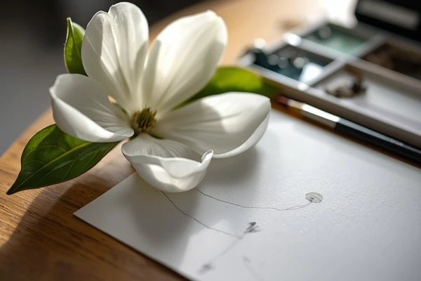 Fotografia macro de uma flor e materiais de pintura demonstrando a aplicação de bordas suaves e definidas na aquarela botânica para criar realismo.
