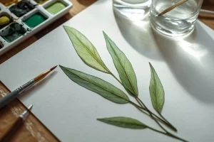 Controle de secagem na aquarela botânica aplicado em folhas finas realistas com camadas transparentes