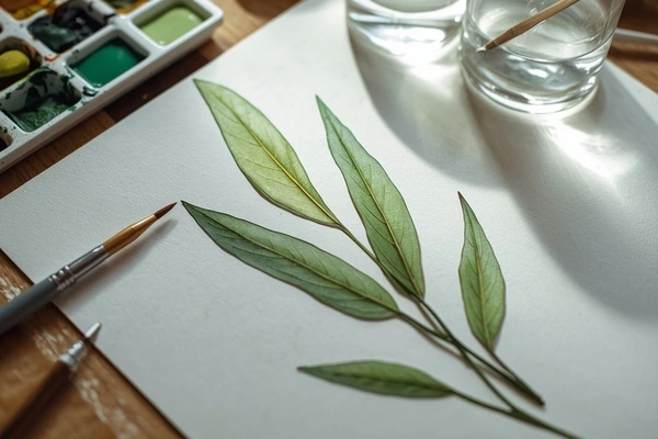 Controle de secagem na aquarela botânica aplicado em folhas finas realistas com camadas transparentes