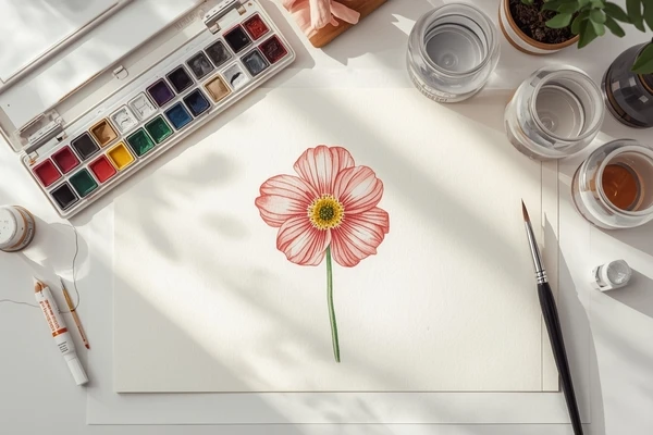 Identificação do ponto focal na aquarela botânica realista durante leitura visual da flor