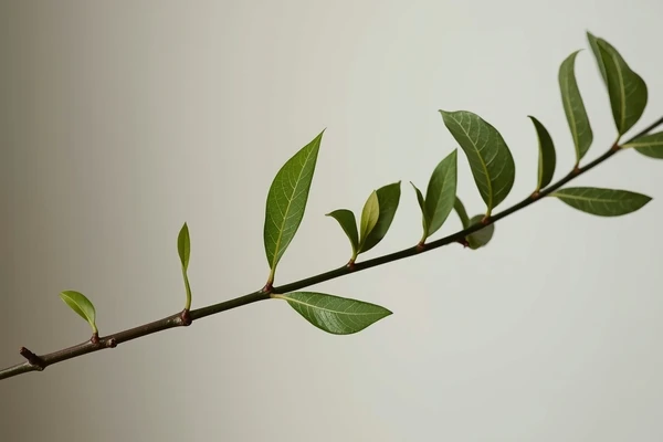 nserção foliar na aquarela botânica observada em ramo natural com folhas conectadas organicamente ao caule, destacando estrutura, movimento e realismo botânico