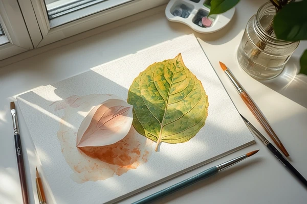 Leitura visual na aquarela botânica mostrando distinção entre cor local, cor da luz e cor da sombra em folha e pétala