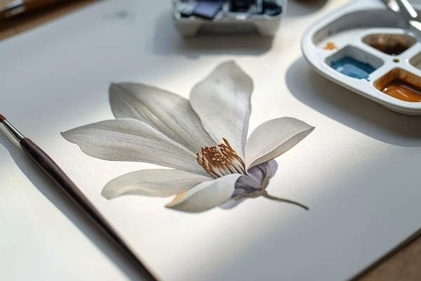 Mapeamento de luz e reserva de branco em aquarela botânica realista mostrando uma pétala de magnólia com áreas preservadas.