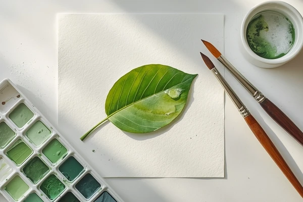 Observação de microvariações de cor em folhas verdes na aquarela botânica realista