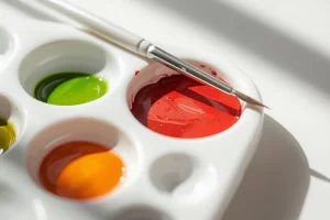 Paleta de porcelana com poços fundos e rasos demonstrando a mistura de cores na aquarela botânica realista