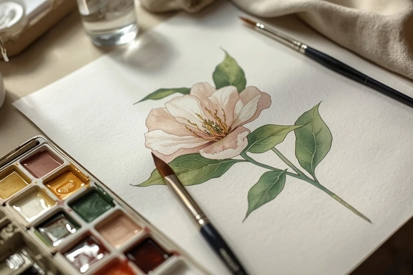 Papel algodão na aquarela botânica realista mostrando absorção da tinta em folhas e pétalas delicadas