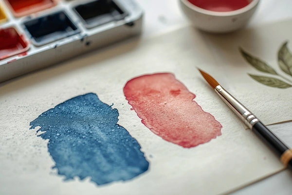 Comparação visual entre pigmentos granulares e pigmentos lisos em uma pintura de aquarela botânica realista mostrando texturas sobre papel de algodão.