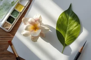 Direção da luz na aquarela botânica evidenciada em flor e folha com sombras suaves e volume realista