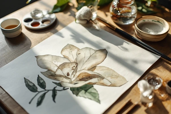 Aplicação de camadas em papel de algodão demonstrando comportamento das fibras de algodão na aquarela botânica
