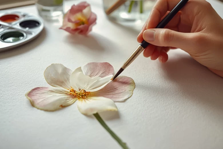 Controle progressivo de camadas na aquarela botânica aplicado em flores delicadas com transparência e leveza visual