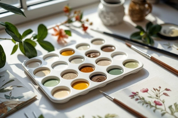 Paleta de porcelana para mistura de tintas na aquarela botânica botânica realista