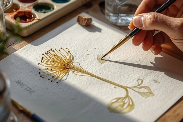 pincéis agulha para estames botânicos sendo usados em aquarela botânica realista