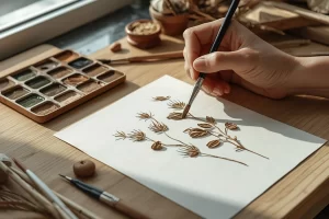 Técnica de pincel seco aquarela botânica aplicada para criar texturas naturais em sementes e caules secos