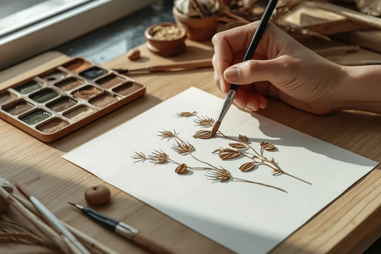 Técnica de pincel seco aquarela botânica aplicada para criar texturas naturais em sementes e caules secos