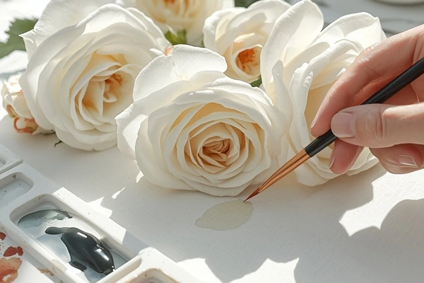 Rosas claras na aquarela botânica com camadas suaves e estudo de volume realista